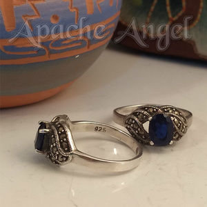 Marcasite & Sapphire Sterling Ring Sz 9